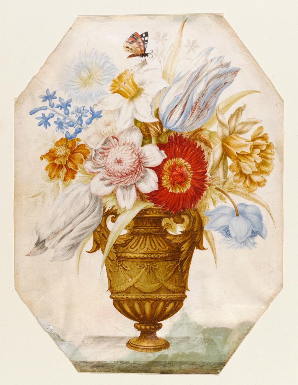 An image of Title/s Still-life: flowers in a vase which stands on a ledge with a bufferfly resting on narcissi Maker/s Robert, Nicolas (draughtsman) [ULAN info: French artist, 1614-1685] Category drawing Name drawing School/Style French Technique Description  watercolour and bodycolour on vellum Dimensions height: 352 mmwidth: 264 mm Provenance bequeathed: Fairhaven, Henry Rogers Broughton 1973 (Filtered for: Paintings, Drawings and Prints)  Material/s  watercolour (medium) bodycolour (medium) vellum (skin) (support)  Accession Number  PD.905-1973 (Paintings, Drawings and Prints)