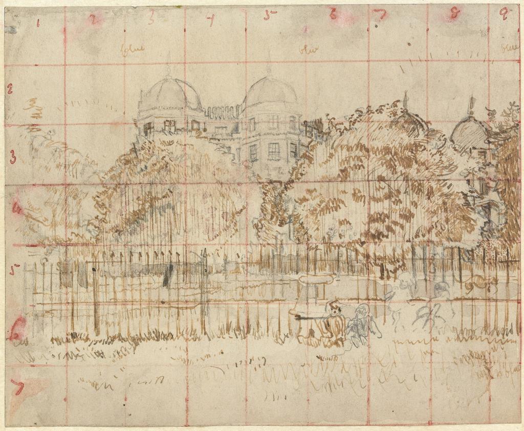An image of Regents Park. Sickert, Walter Richard. Graphite, pen and ink on grey paper, squared in red ink and numbered across the top and down left side, height 178 mm, width 217 mm.