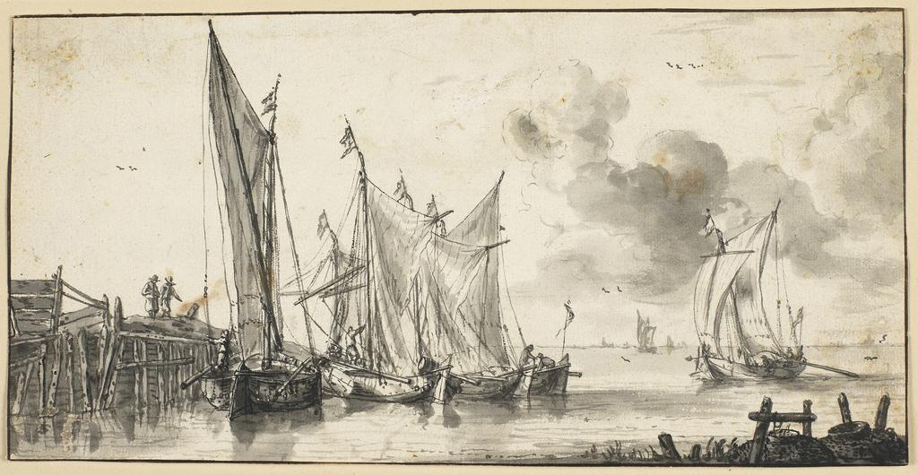 An image of Fishing boats off a jetty. Zeeman, Reinier (Dutch, 1623-1667). Pen, Indian ink, Indian ink wash, on paper, height 120 mm, width 239 mm.