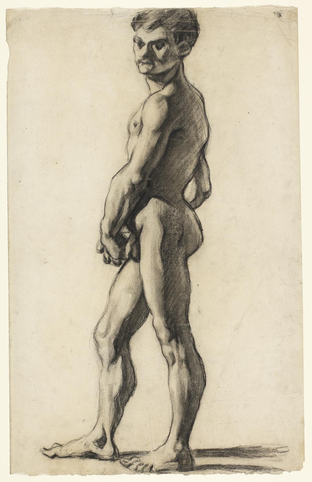 An image of A male nude. Cézanne, Paul (French, 1839-1906). Black chalk on paper, height 493, mm, width 310 mm, probably 1863.