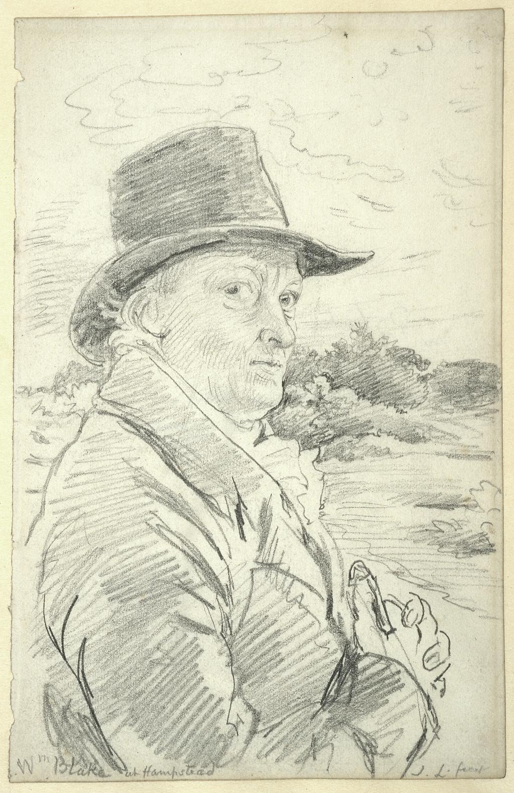 An image of William Blake, wearing hat, three-quarter view, half-length with hands. Linnell, John (British, 1792-1882). Graphite on paper, height 179 mm, width 115 mm, circa 1825.
