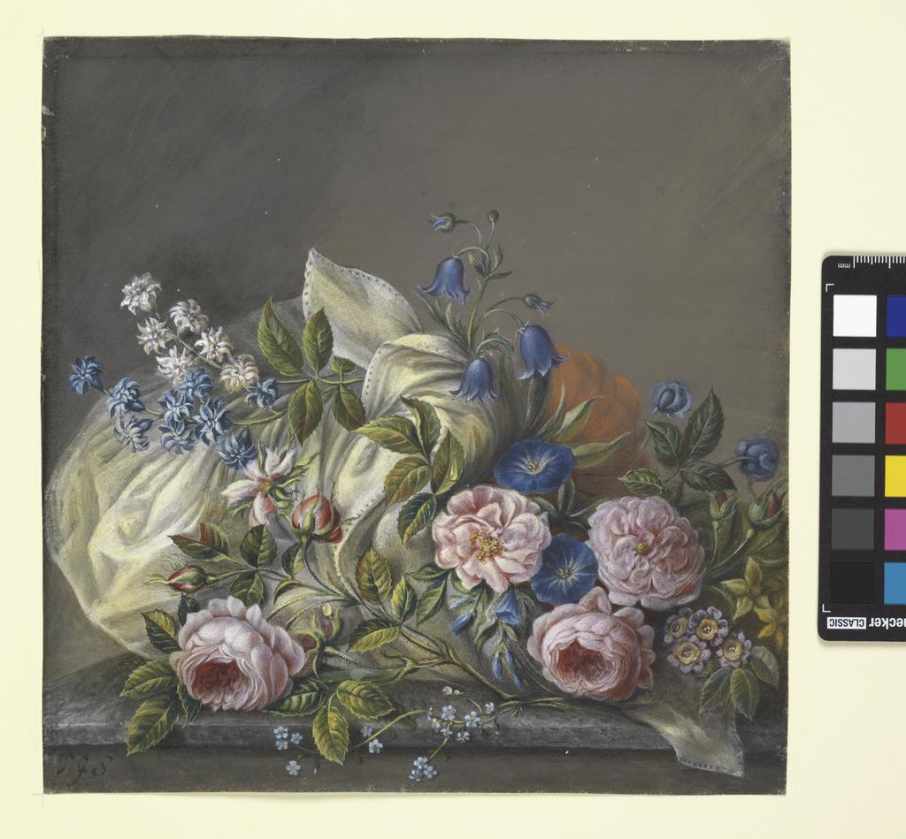 An image of Flowers and a cloth tied loosely, on a marble table. Sauvage, Piat Joseph (Flemish, 1744-1818). Watercolour and bodycolour on paper, height 213, mm, width 209 mm. Acquisition: bequeathed 1973; Fairhaven, Henry Rogers Broughton.