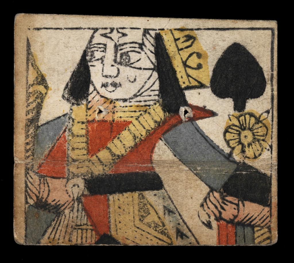 An image of Fragment of the Queen of Spades. Upper half of the card. The Queen faces left and the pip is located at upper right. The figure holds a yellow rose in her left hand. There is a crease across the card where it has been folded. A handwritten inscription on the verso in black ink: ‘Corporation’s Arms’.’ There are two holes at upper centre, which are most likely stitching holes relating to the secondary use of the card as a stiffening material for bookbinding. Hand-coloured woodcut on pasteboard. French, 17th century.
