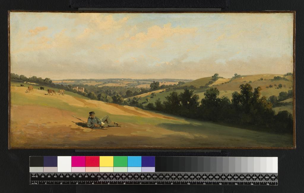 An image of Young man reclining on the downs. Aligny, Théodore Caruelle d' (French, 1798-1871). Oil on paper marouflé to canvas, height, canvas, 21.6 cm, width, canvas, 45.2 cm, 1833-1835.