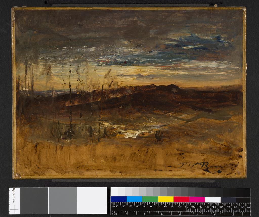 An image of Paysage au coucher du soleil. Ravier, Auguste François (French, 1814-1895). Oil on newspaper, maroufle to canvas, height 25 cm, width 33.9 cm. Translated title: Landscape at Sunset.