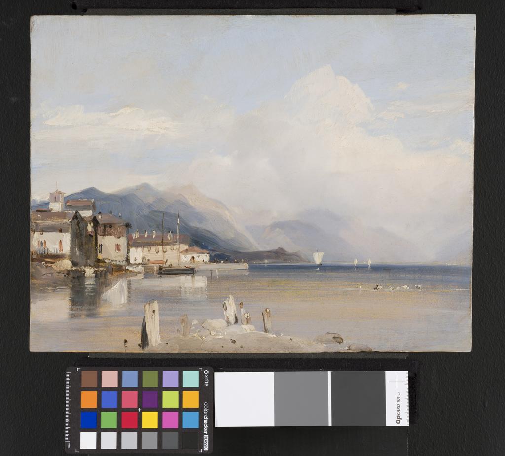An image of Boccadasse, Genoa with Monte Fasce in the background. Bonington, Richard Parkes (British, 1801-1828). Oil on millboard, height 25.6 cm, width 33 cm, 1826.