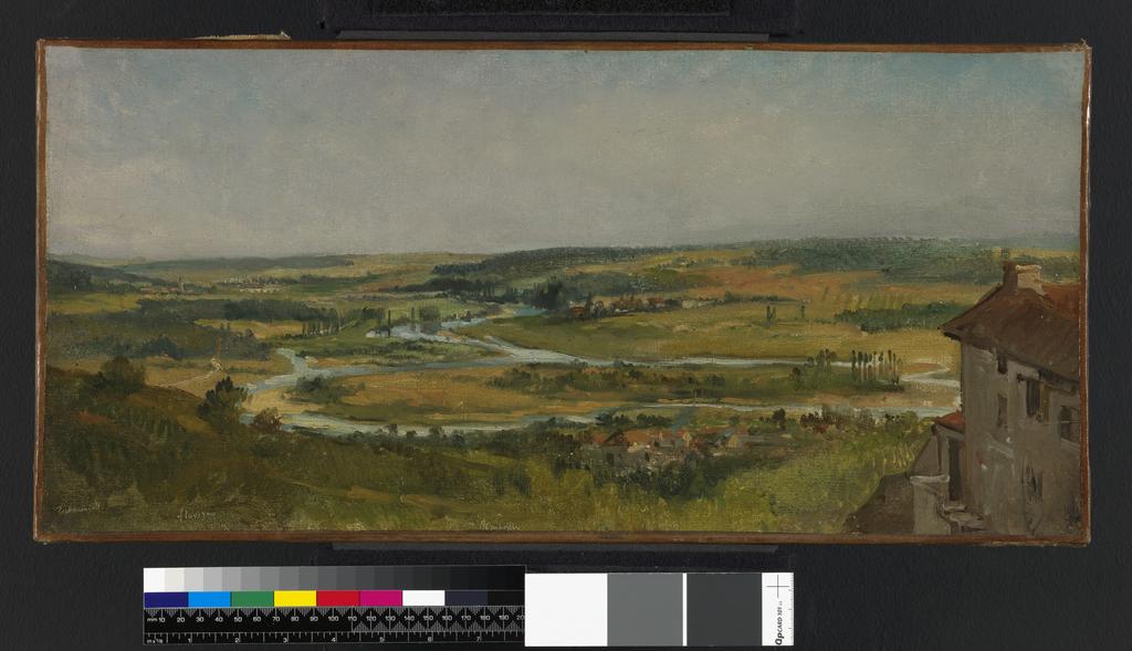 An image of Paysage Panoramique. Rousseau, Théodore (French, 1812-1867). Oil on canvas, height 26.7 cm, width 56.1 cm, 1830-1840.