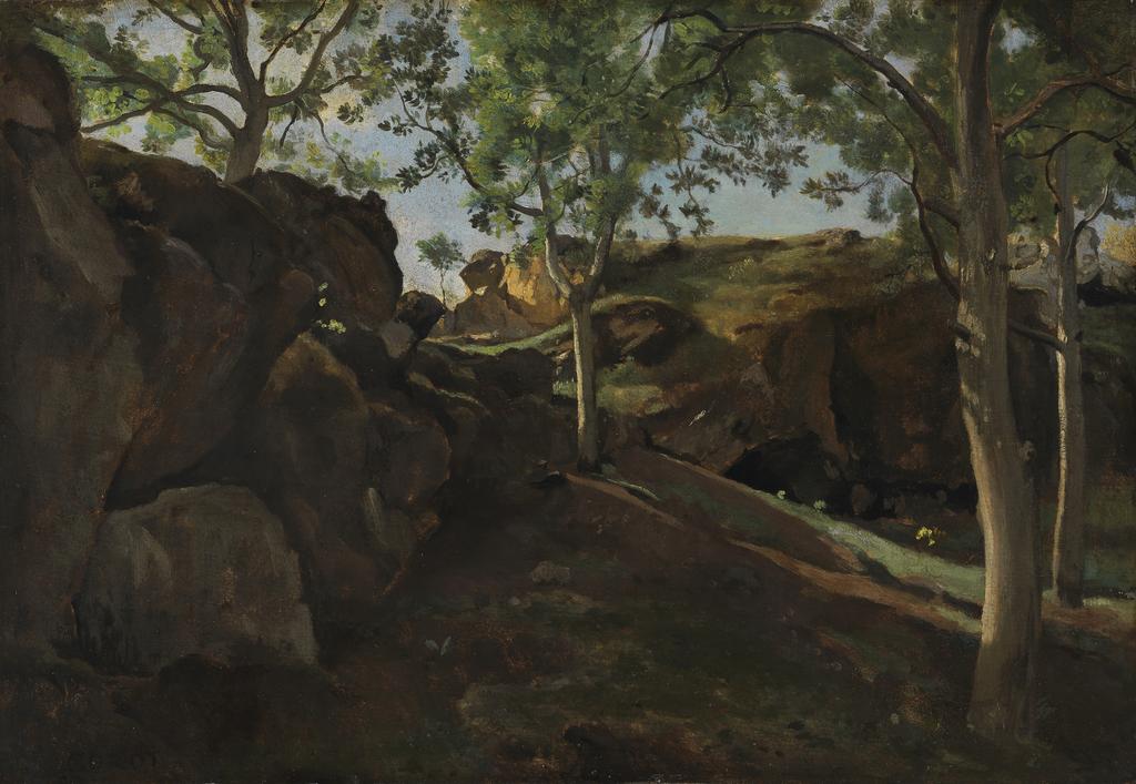 An image of La Châtaigneraie, 1830-1840. Jean Baptiste Camille Corot (French, 1796-1875). Oil on canvas, height 34.0 cm, width 48.9 cm.