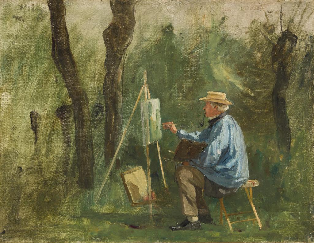 An image of Corot à son chevalet, Crècy-en-Brie. Decan, Eugène (French, 1829-aft.1894). Oil on canvas, height 30.7 cm, width, 40 cm.
