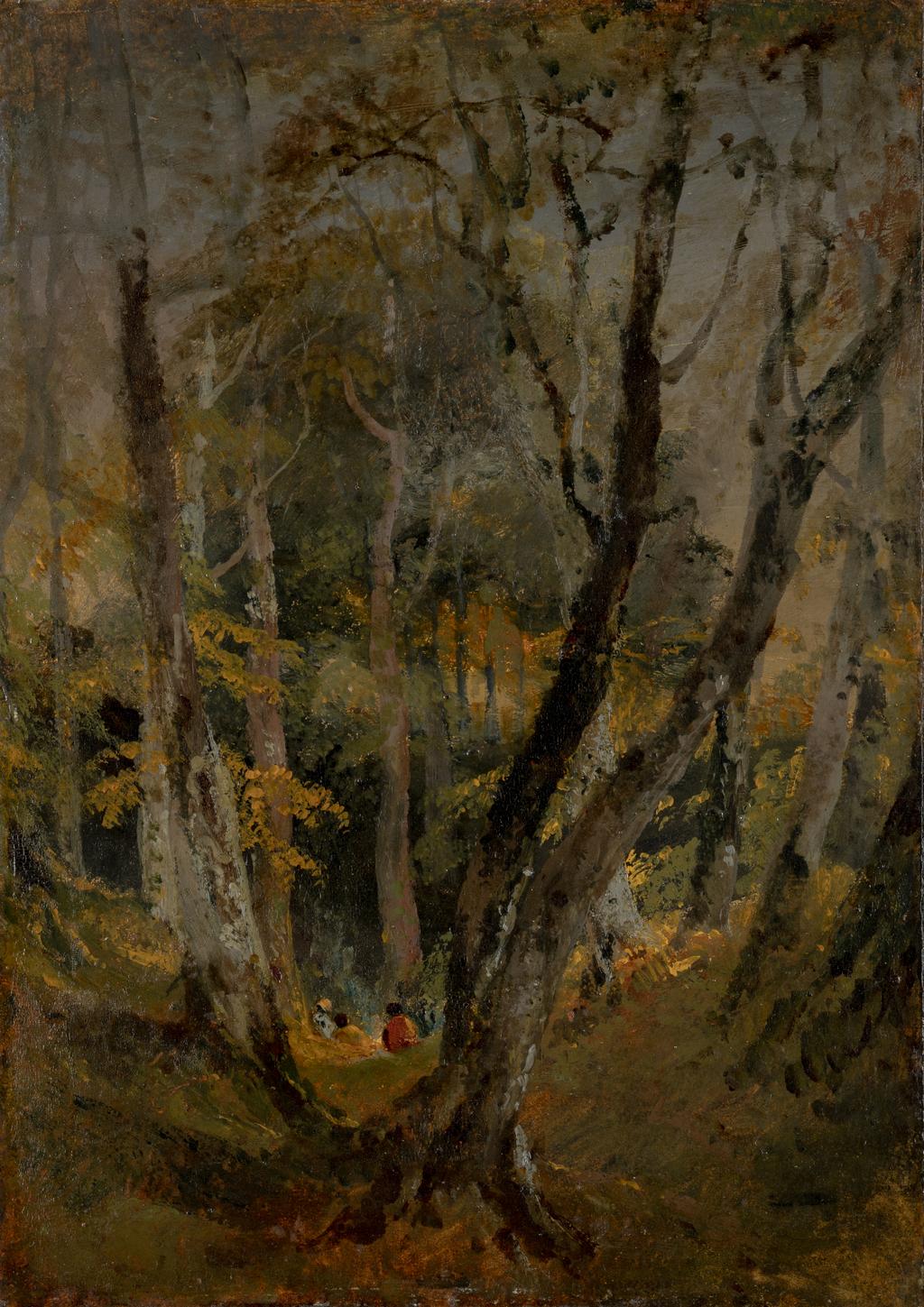 An image of A Beech Wood with Gypsies Seated in the Distance. Turner, Joseph Mallord William (British, 1775-1851). Oil on paper, laid down on panel, height 27 cm, width 19 cm, circa 1799.
