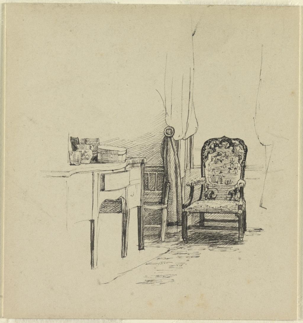 An image of Study of the artist's favourite chair. Wilkie, David (British, 1785-1841). Pen and ink on paper, 19th century. Acquisition Credit: Sir Ivor and Lady Batchelor Bequest.