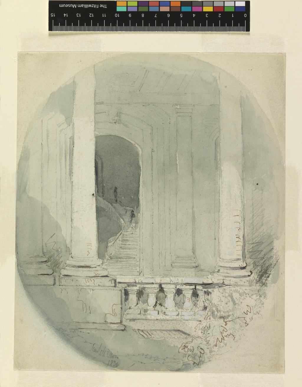 An image of A staircase at Greenwich Hospital - a vignette. Davis, John Scarlett (British, 1804-1845). Graphite, pen and ink, pale green wash heightened with white on paper, 1836. Acquisition Credit: Sir Ivor and Lady Batchelor Bequest.