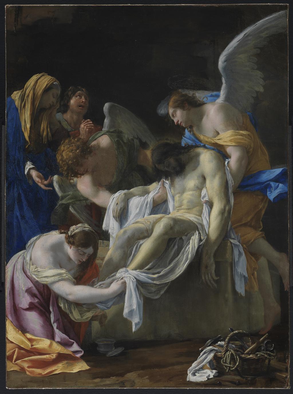 An image of The Entombment. Vouet, Simon (French, 1590-1649). Oil on panel, height, 56.5, cm, width, 41.5, cm, circa 1635-1638. Probable dates. Production Note: Possibly a modello for the painting commissioned by Pierre Seguier several versions of which are known, but of which the principal one generally is considered that in Epinal, Musée des Beaux-Arts (no. 32).