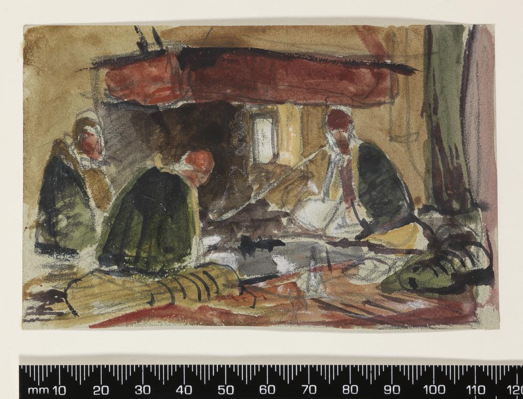 An image of Interior of a Turkish Habitation at Venice. Original Drawings by J.F. Lewis. Print album. Lewis, John Frederick (British artist, 1805-1876). 79 sketches on paper tipped in on the pages of an album bound with marbled cover boards and green leather spine and corners, tooled in gilt; album composed of white paper folios numbered in graphite 1 to 79, preceded by fly-sheet and four unnumbered interleaves and followed by thirteen unnumbered interleaves and fly-sheet. Height, 73, mm, width, 115, mm. Height album size, 253 mm, width, album size, 248 mm, height folio size, 241 mm, width, folio size, 215 mm.