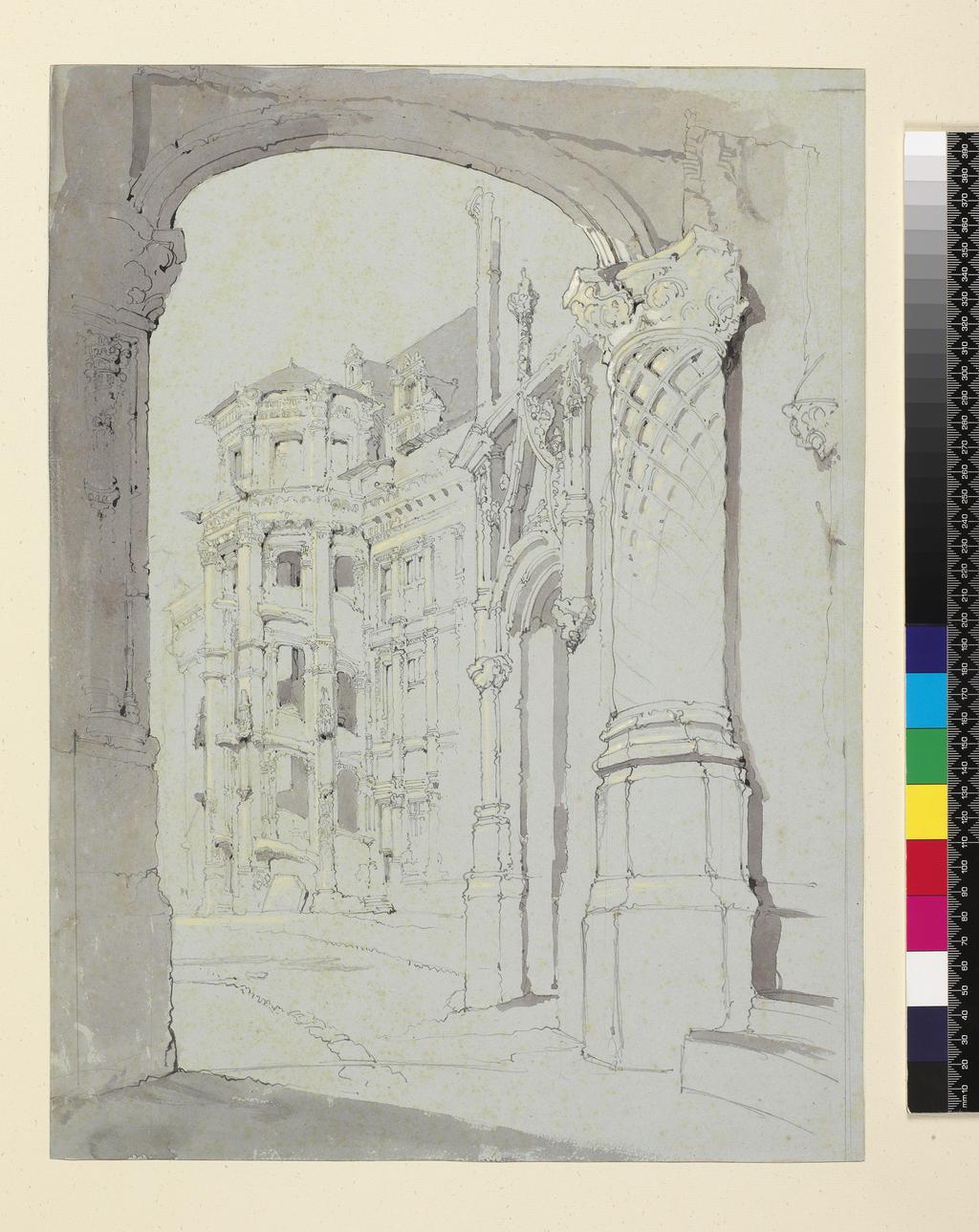 An image of Château de Blois. Spiral staircase. Ruskin, John (British, 1819-1900). Graphite and wash on paper, height 430 mm, width 300 mm.