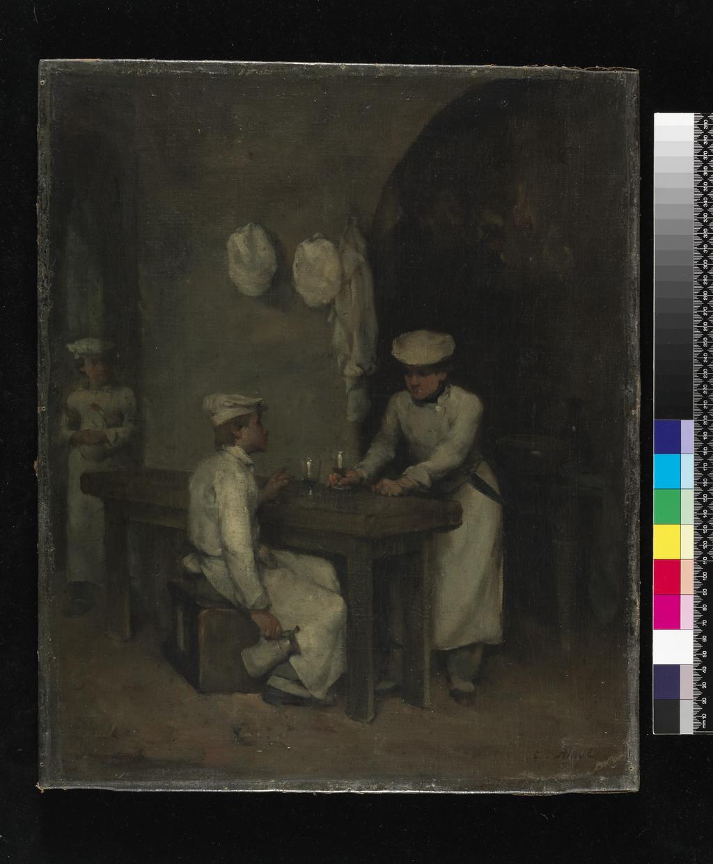 An image of The Cooks. Ribot, Augustin Théodule (French, 1823-1891). Oil on canvas, height, canvas, 46.4 cm, width, canvas, 38.4 cm; height, frame, 63.4 cm, width, frame, 55.2 cm, depth, frame, 7.5 cm.