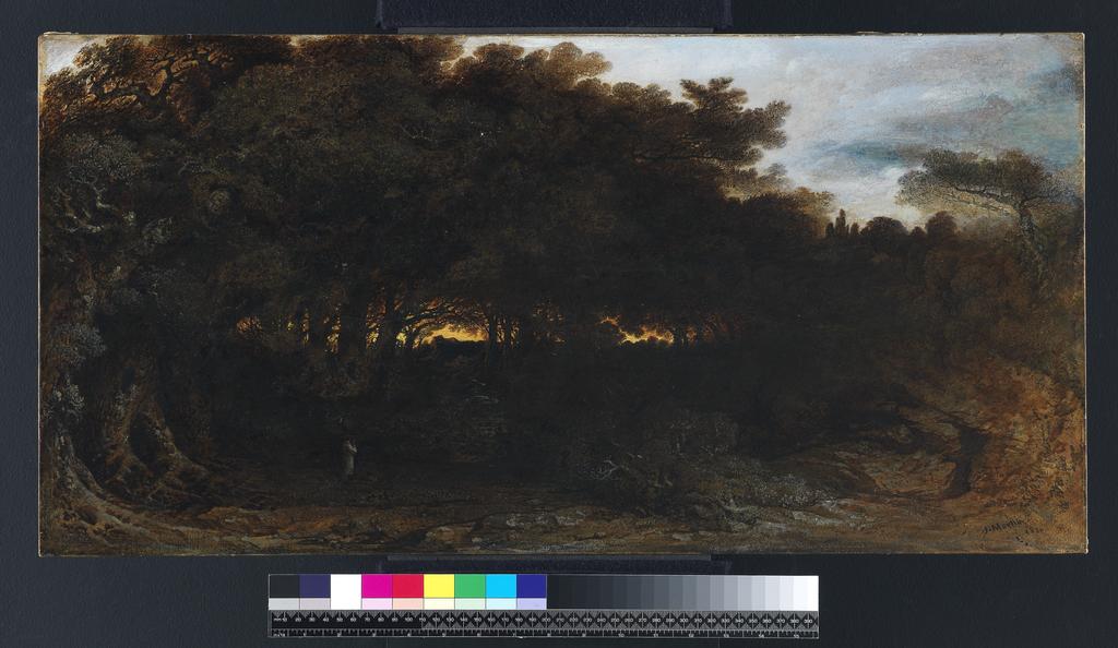 An image of Twilight in the woodlands. Martin, John (British, 1789-1854). Oil on paper, laid down on canvas, height, 38.1, cm, width, 76.3, cm, 1850.