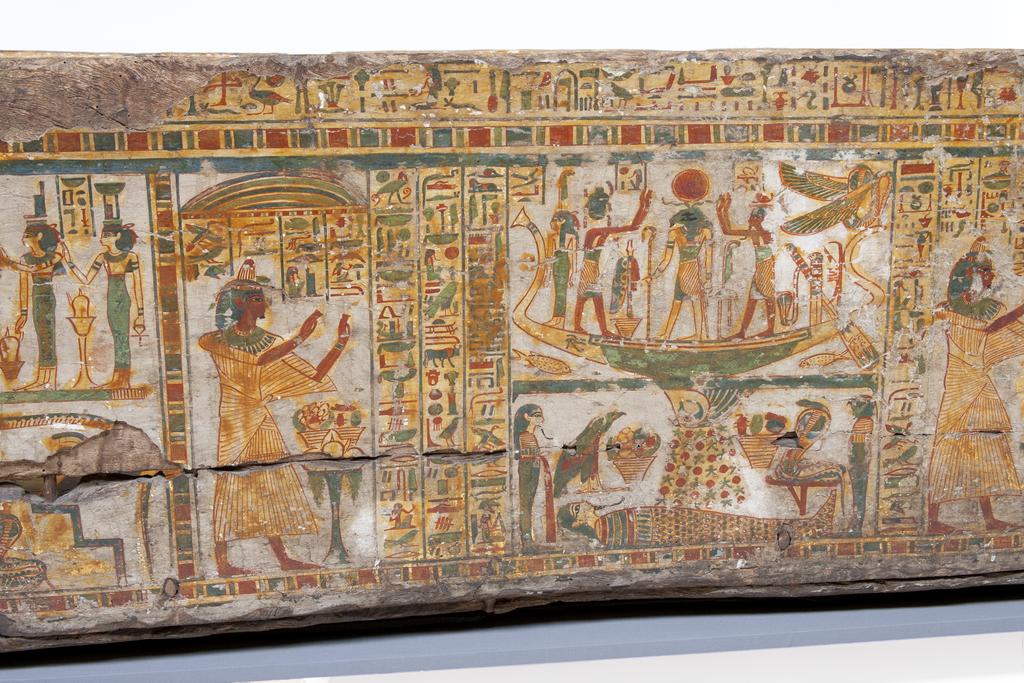 An image of Funerary equipment/ coffin. Coffins (2) and lid, of 'Chief of scribes of the temple of Amun Re, Nespawershefi'. Wood, depth, 49 cm, width 60 cm, length 206 cm, length 190 cm, length, lid, 179 cm. Production Place: Egypt. Find Spot: Thebes. Third Intermediate period, 1000 B.C.