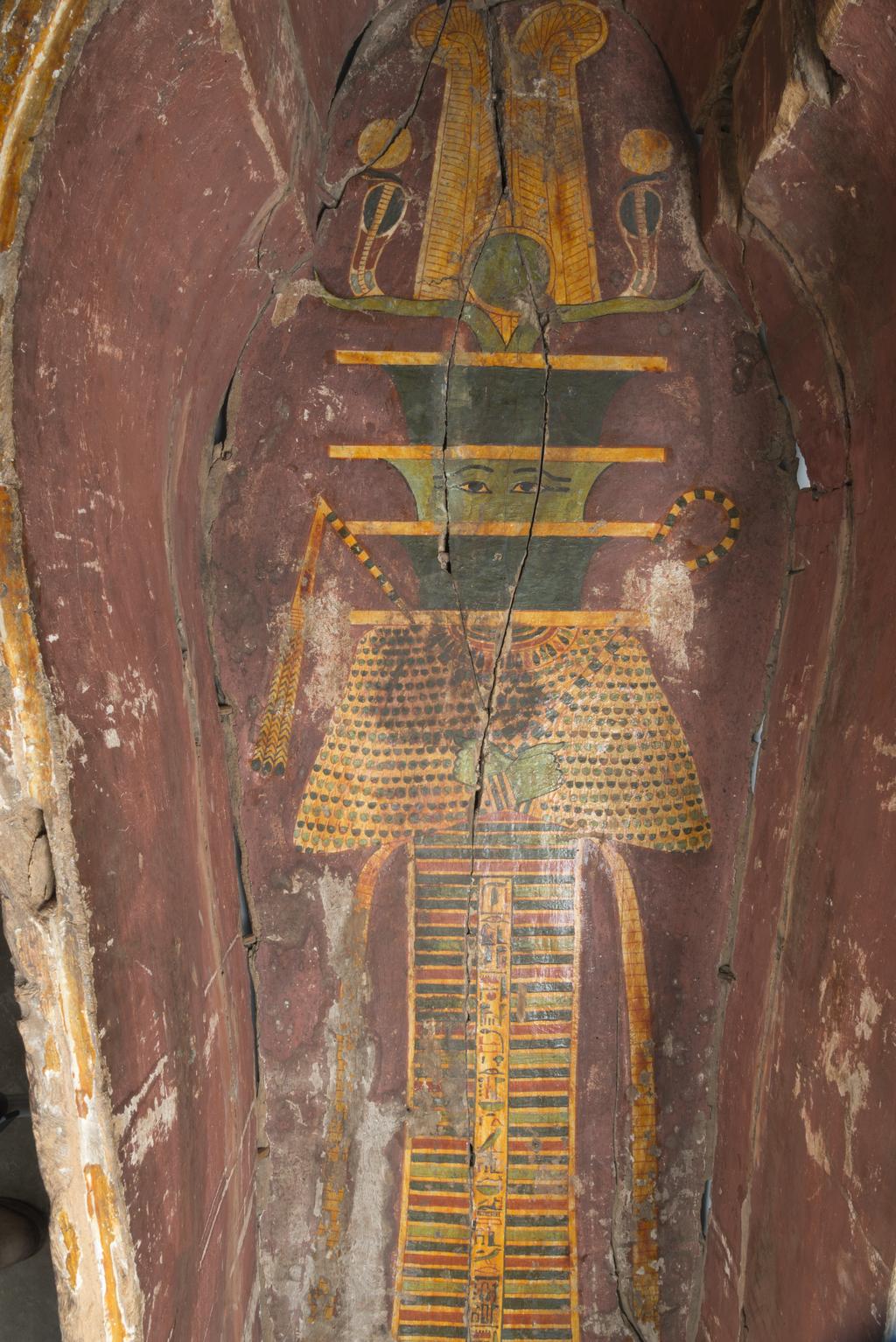 An image of Funerary equipment/ coffin. Coffins (2) and lid, of 'Chief of scribes of the temple of Amun Re, Nespawershefi'. Wood, depth, 49 cm, width 60 cm, length 206 cm, length 190 cm, length, lid, 179 cm. Production Place: Egypt. Find Spot: Thebes. Third Intermediate period, 1000 B.C.