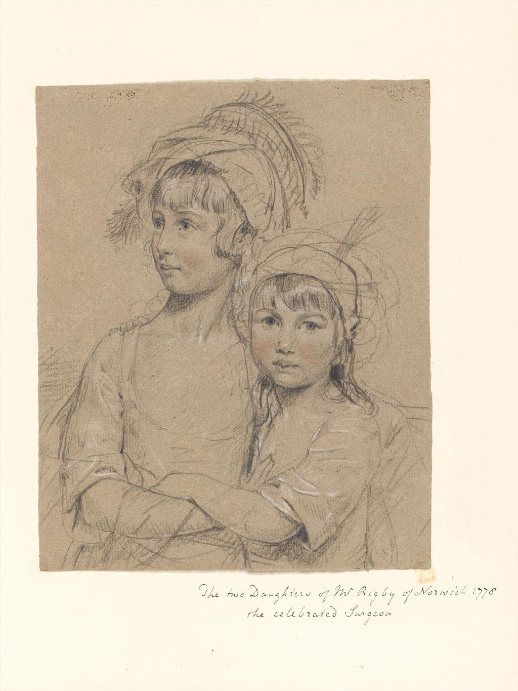 An image of The Misses Rigby. Downman, John (British, 1750-1824). Black, red and white chalk, some lines incised with a stylus, on brown laid paper, attached to mount sheet, height 239 mm, width 184 mm, 1778. Acquistion: National Art Collections Fund.