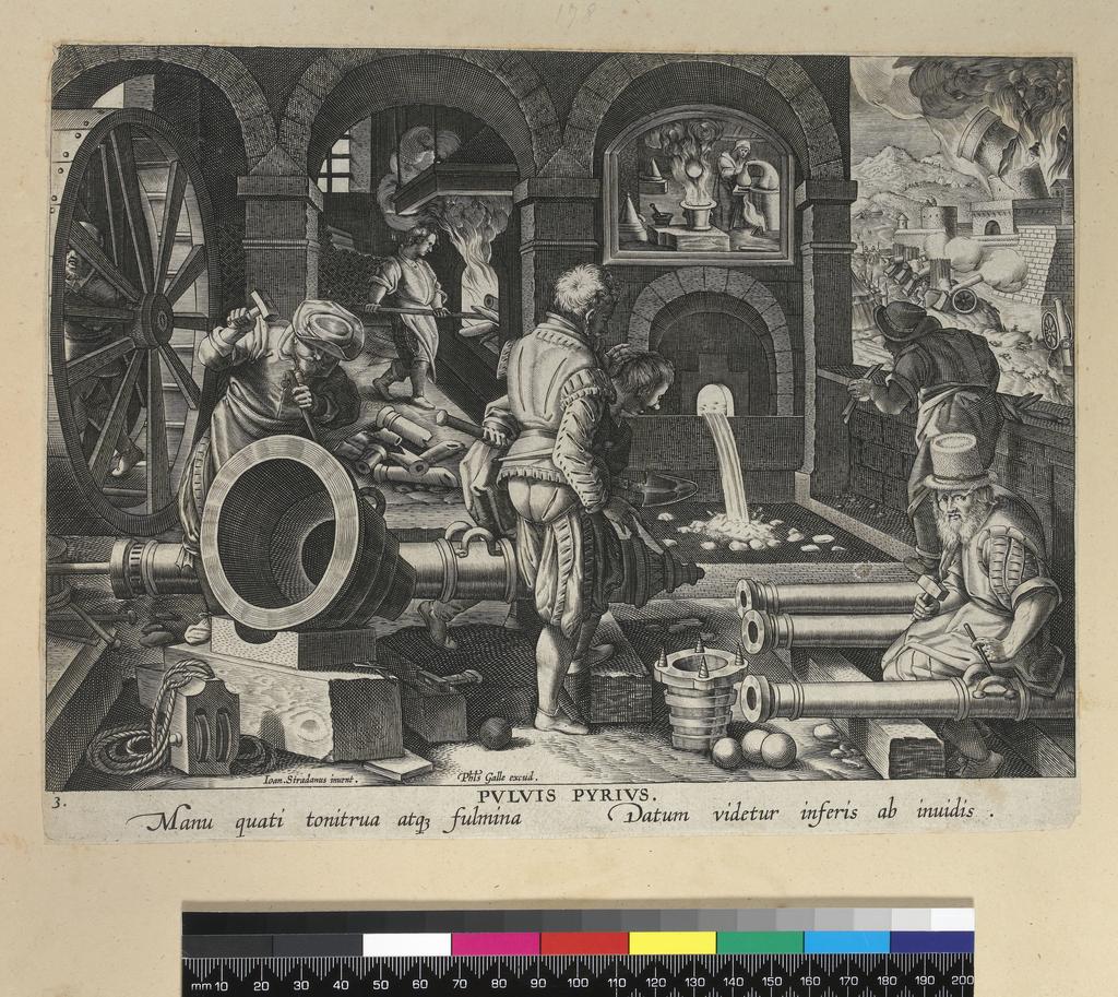 An image of Unknown (printmaker), Galle, Philips (publisher), Straet, Jan van der (Giovanni Stradano) after (draughtsman). The Invention of Gunpowder. Engraving. circa 1591.