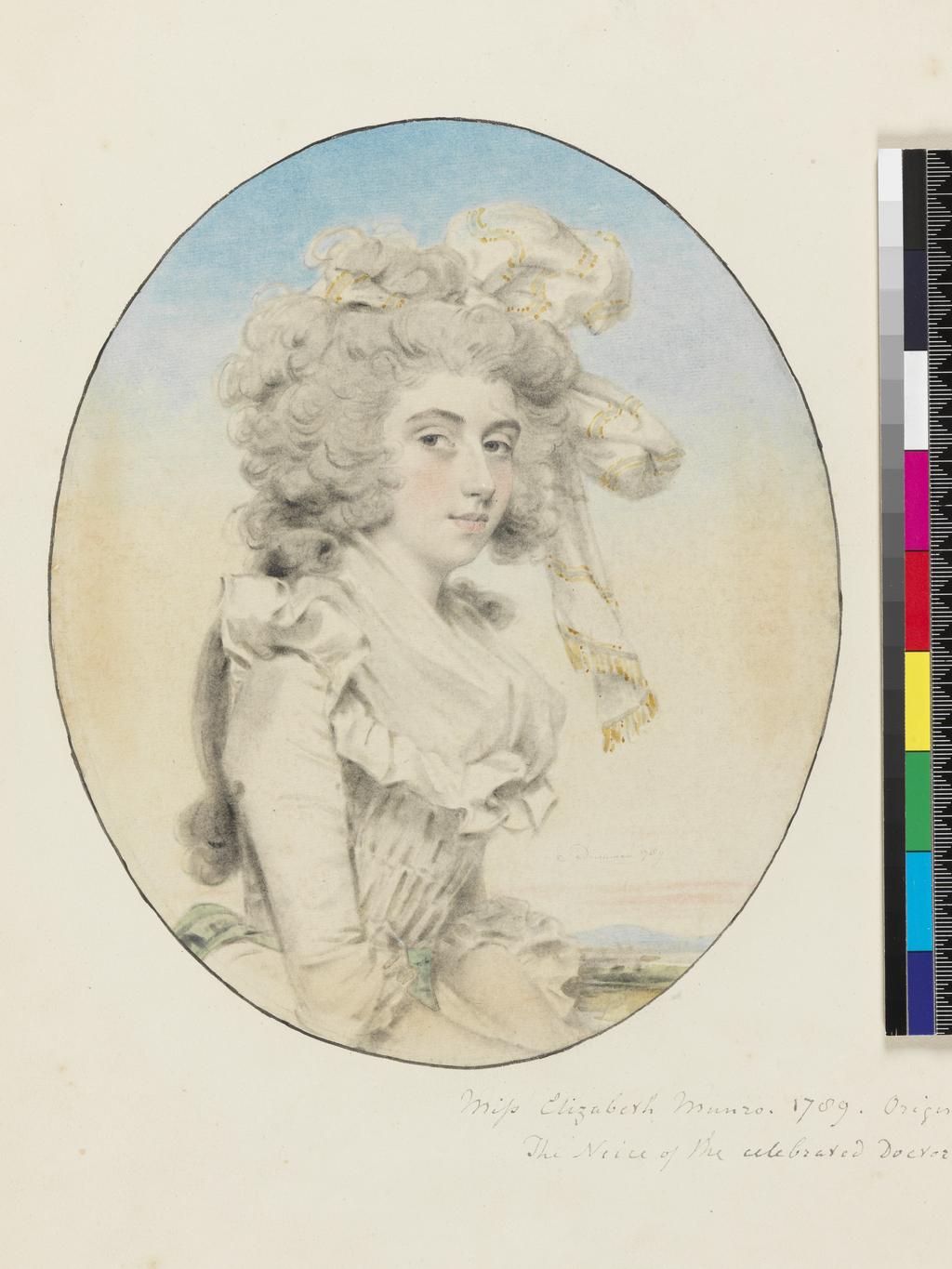 An image of Miss Elizabeth Monro. Downman, John (British, 1750-1824). Laid down on recto of album sheet, surrounded by drawn ink line. Black and red chalk, with stump, watercolour and white highlights on paper, laid down (chalk and/or watercolour applied to verso), height 213 mm, width 176 mm, 1789.