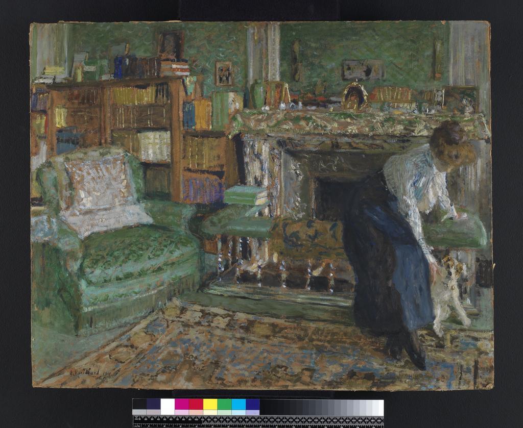 An image of Marguerite Chapin in her apartment with her dog. Vuillard, Edouard (French, 1868-1940). Oil on millboard. Height: 59.0 cm x 73.6 cm. 1910.