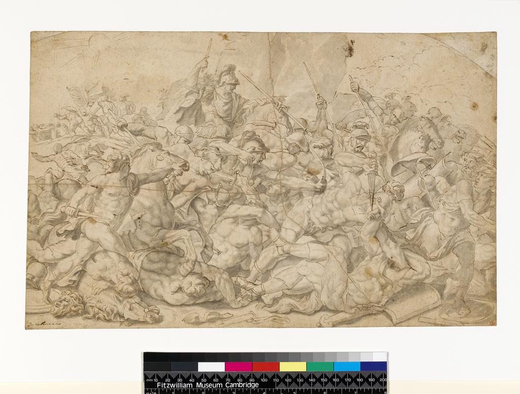 An image of Joshua's victory over the Amorites. Poussin, Nicolas (French, 1594-1665). Pen and brown ink with grey wash on paper, height 246 mm, width 391 mm.