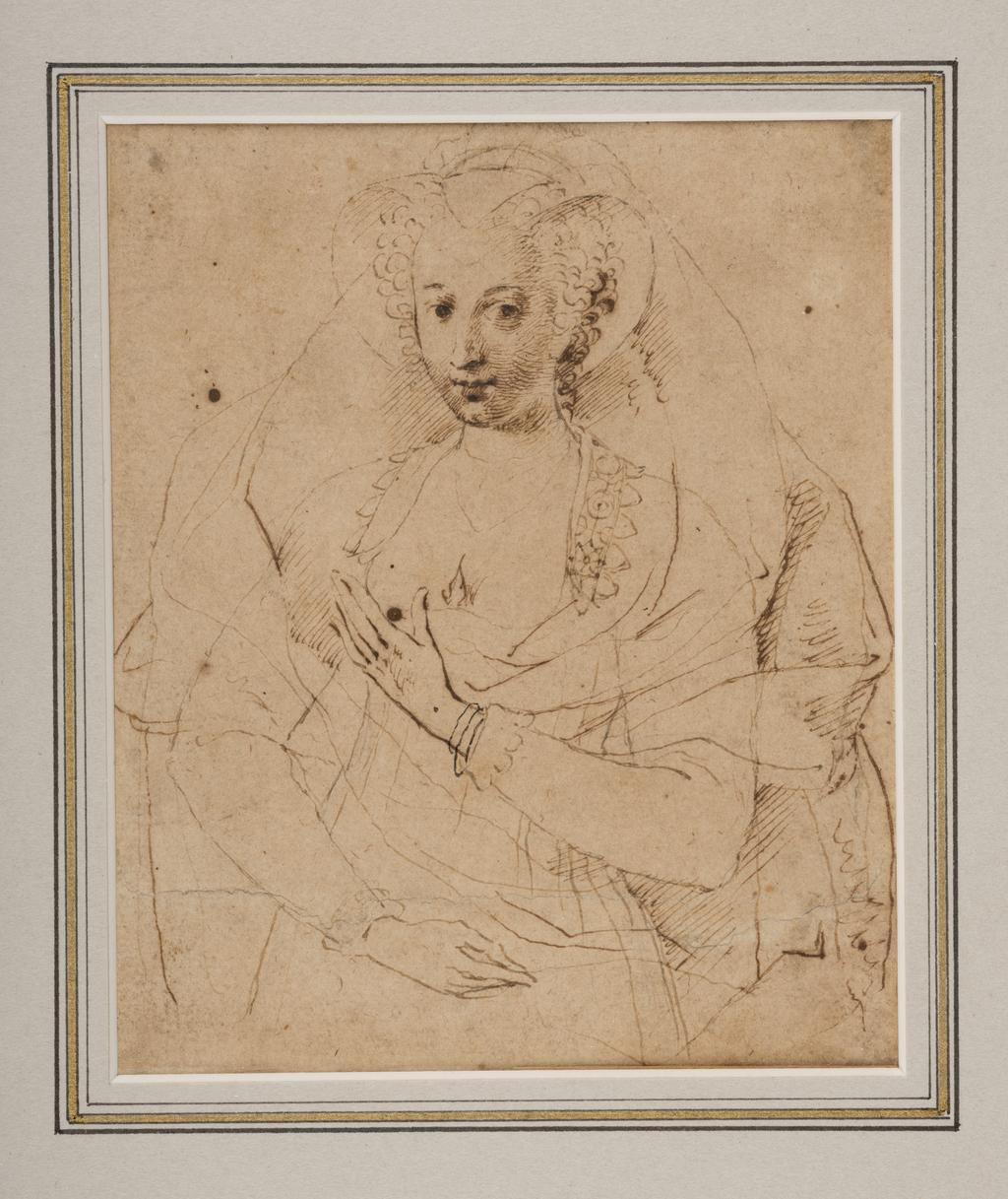 An image of Miniature (painting). Lucy Harington, Countess of Bedford. Unknown Lady. Part of an arm and a hand. Oliver, Isaac I (British, 1556(?)-1617). Recto: pen and brown ink over traces of black chalk verso: black chalk on paper. Height 143 mm, width 117 mm. Notes: This is a preliminary drawing for the miniature of Lucy Harrington, Countess of Bedford, in the Fitzwilliam, no. 3902. Acquisition Credit: From the Marlay Fund.