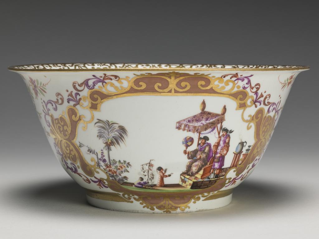 An image of Slop Bowl/Basin. Meissen Factory. Hard-paste porcelain painted in enamels with chinoiseries, lustred, and gilt. Mark: 35 in gold. Circa 1725-1730.