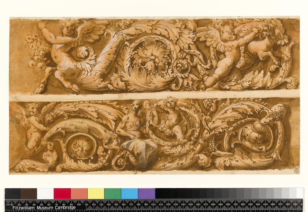 An image of Title/s: Two studies for an architectural frieze (recto title) 
Maker/s: Alberti, Giovanni attributed to (draughtsman) [ULAN info: Italian Renaissance mural painter, brother of Cherubino, 1558-1601]
Technique Description: recto: pen and brown ink, pink and brown wash, heightened with white and yellow, over traces of graphite, laid down 
Dimensions: height: 212 mm, width: 390 mm
 

 
