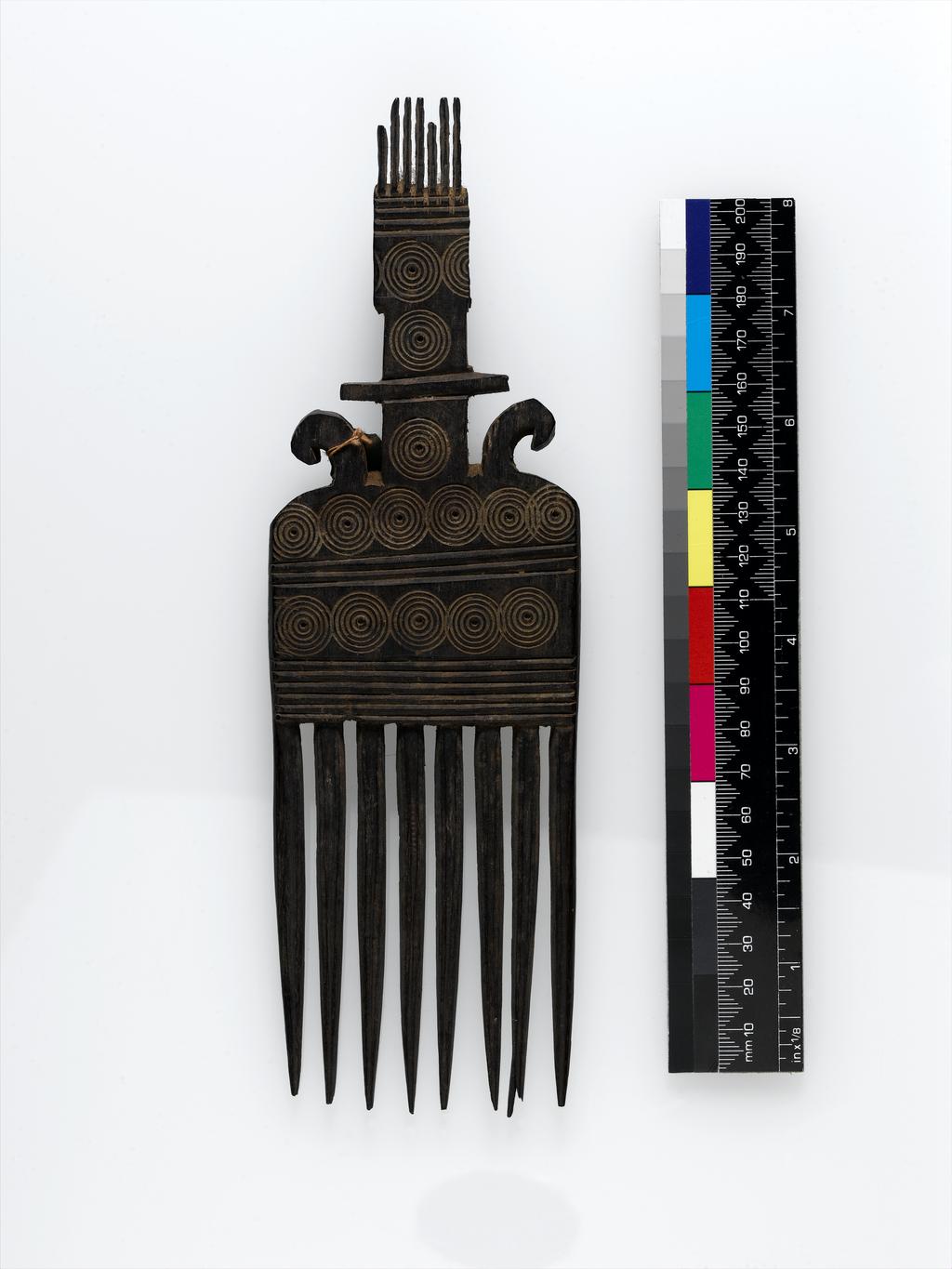 An image of Cosmetic equipment. Comb with engraved concentric circles and fretted volutes. Production Place: Egypt. Wood, length 0.23 m, width 0.017 m, 501-800 AD. Coptic period.