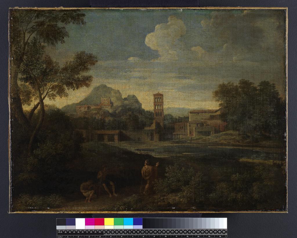 An image of Landscape with figures. Dughet, Gaspard (Gaspard Poussin) (French, 1615-1675). Oil on canvas,  height 47.6 cm, width 65.1 cm.
