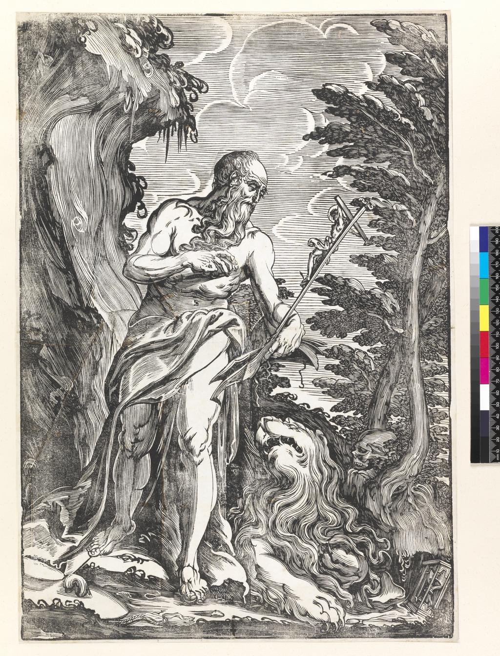 An image of St Jerome in penitence. Scolari, Giuseppe (Italian, active 1592-1607). Woodcut, circa 1590-circa 1600. Production Note: Not etching, as stated in Passavant.