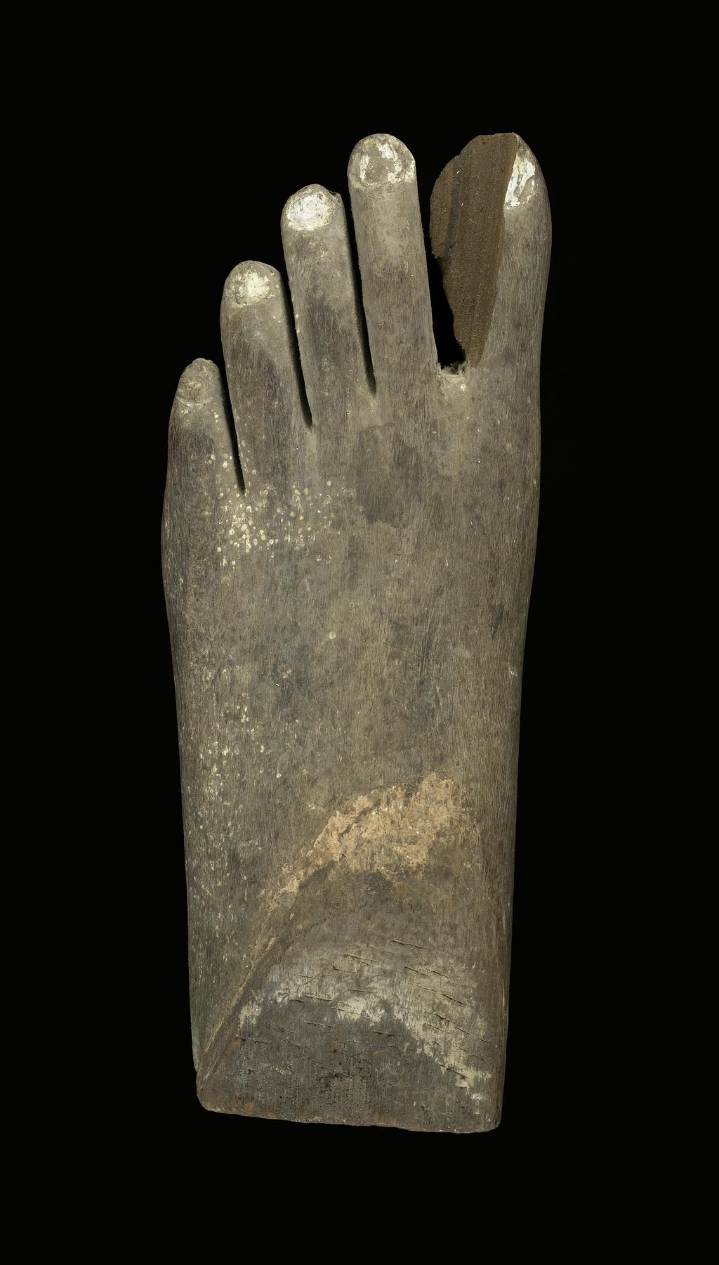 An image of Part of a right foot. Production Place: Egypt. Wood, height 0.044 m, length 0.055 m, width 0.026 m.