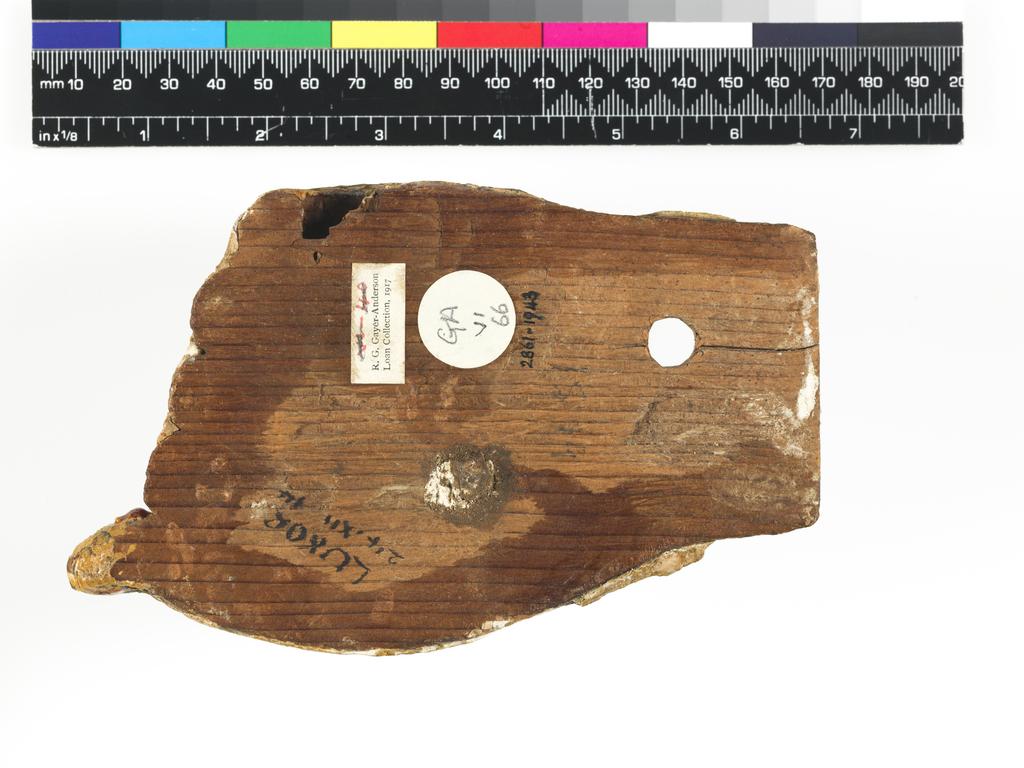 An image of Funerary equipment/cartonnage. Left hand, from a yellow coffin with winged scarab decoration. Production Place: Egypt. Find Spot: Luxor, Egypt. Wood, height 9.5 cm, width 15.9 cm, thickness 4.1 cm, circa 1070- circa 945 B.C. Third Intermediate period.