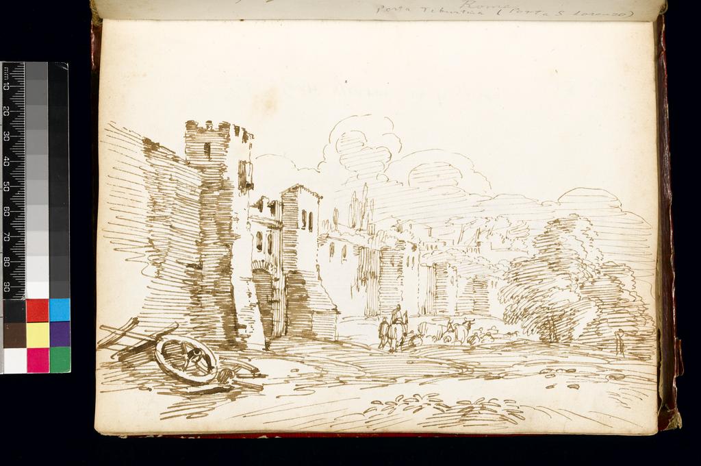 An image of Title/s: The walls at the gate of S. Lorenzo, Rome Maker/s: Busiri, Giovanni Battista (draughtsman) [ULAN info: Italian artist, 18th cent.]Technique Description: pen and brown ink on paper Dimensions: height: 222 mm, width: 166 mm