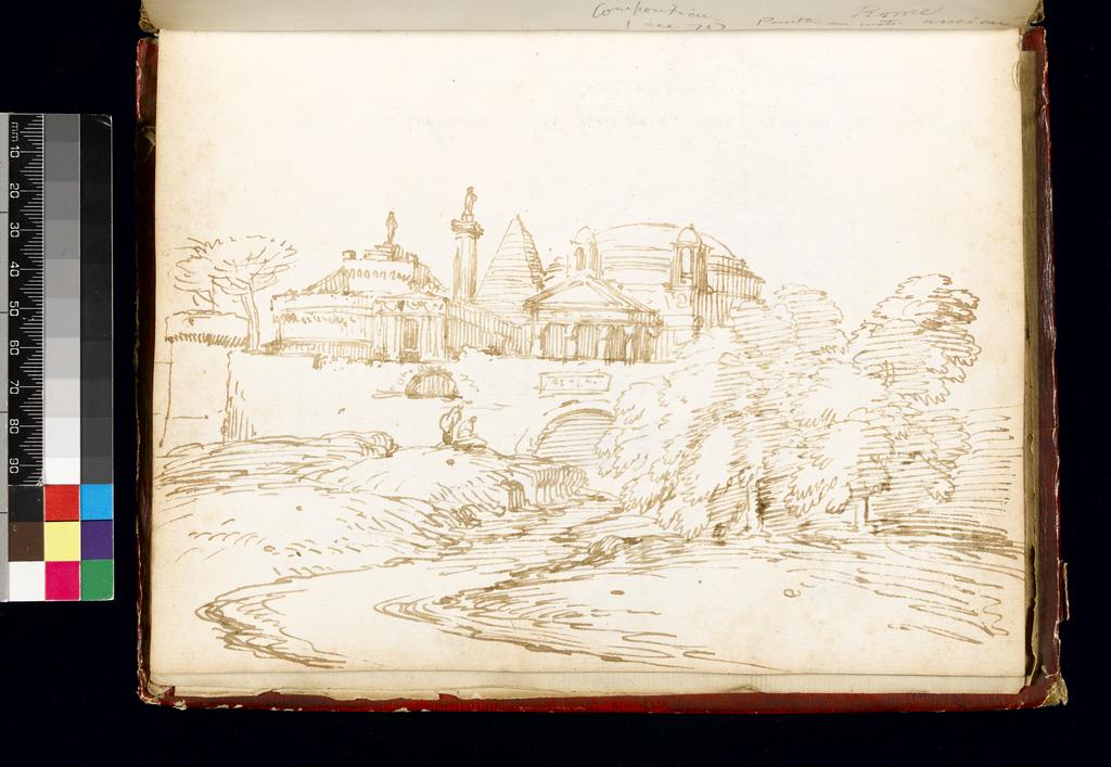 An image of Title/s: Capriccio including the Pantheon, Castel S. Angelo, the Pyramid of Cestius and other elements Maker/s: Busiri, Giovanni Battista (draughtsman) [ULAN info: Italian artist, 18th cent.]Technique Description: pen and brown ink on paper Dimensions: height: 222 mm, width: 166 mm