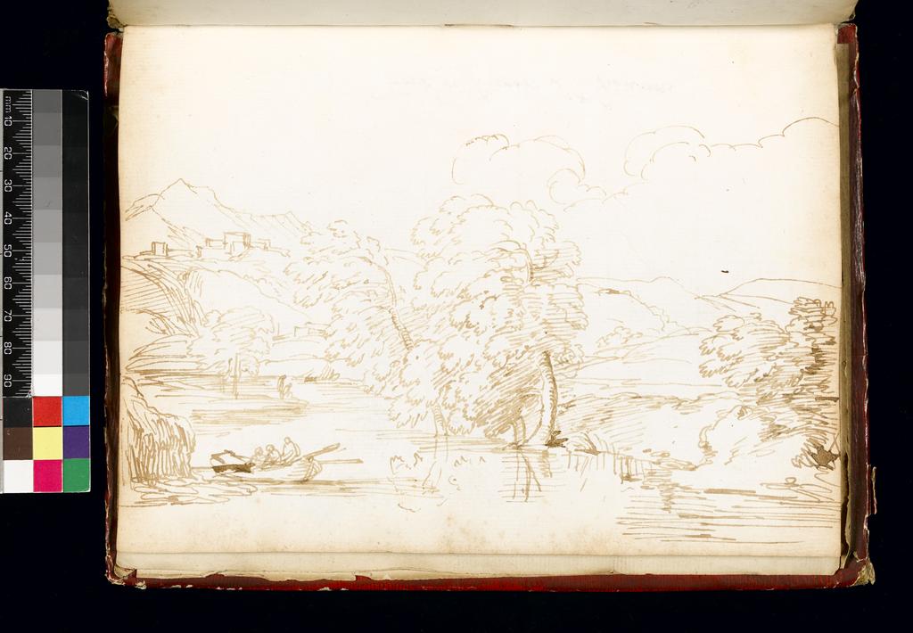 An image of Title/s: Landscape with boatsmen on a river Maker/s: Busiri, Giovanni Battista (draughtsman) [ULAN info: Italian artist, 18th cent.]Technique Description: pen and brown ink on paper Dimensions: height: 222 mm, width: 166 mm