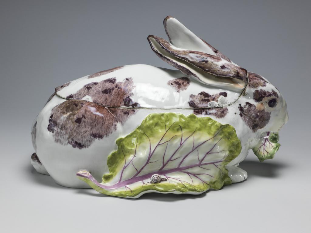 An image of Rabbit Tureen and Cover. Chelsea Porcelain Manufactory. Soft-paste porcelain, moulded in two parts, glazed, and painted naturalistically in polychrome enamels, height, whole, 8 3/4 in, length, whole, 13 3/4 in, circa 1755. Red Anchor Period. Rococo.
