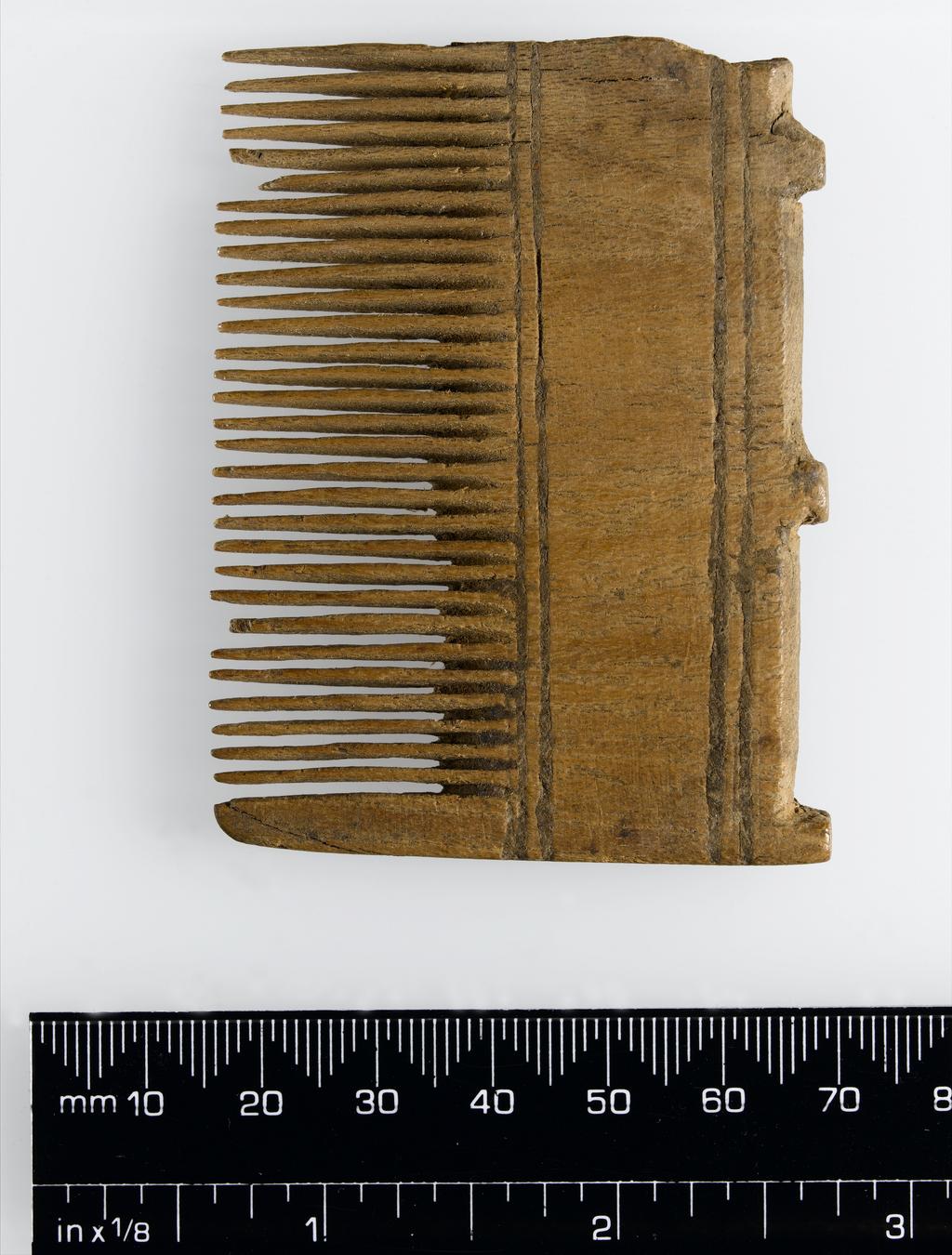 An image of Cosmetic equipment. Comb, broken at one end. Production Place/Find Spot: Egypt. Depth 0.006 m, length 0.07 m, width 0.053 m. New Kingdom.