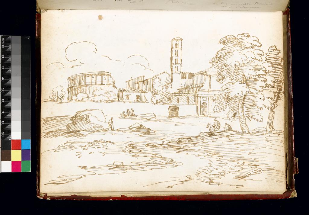 An image of Title/s: The Colosseum with the church of Sta Francesca Romana Maker/s: Busiri, Giovanni Battista (draughtsman) [ULAN info: Italian artist, 18th cent.]Technique Description:  pen and brown ink on paper Dimensions: height: 222 mm, width: 166 mm