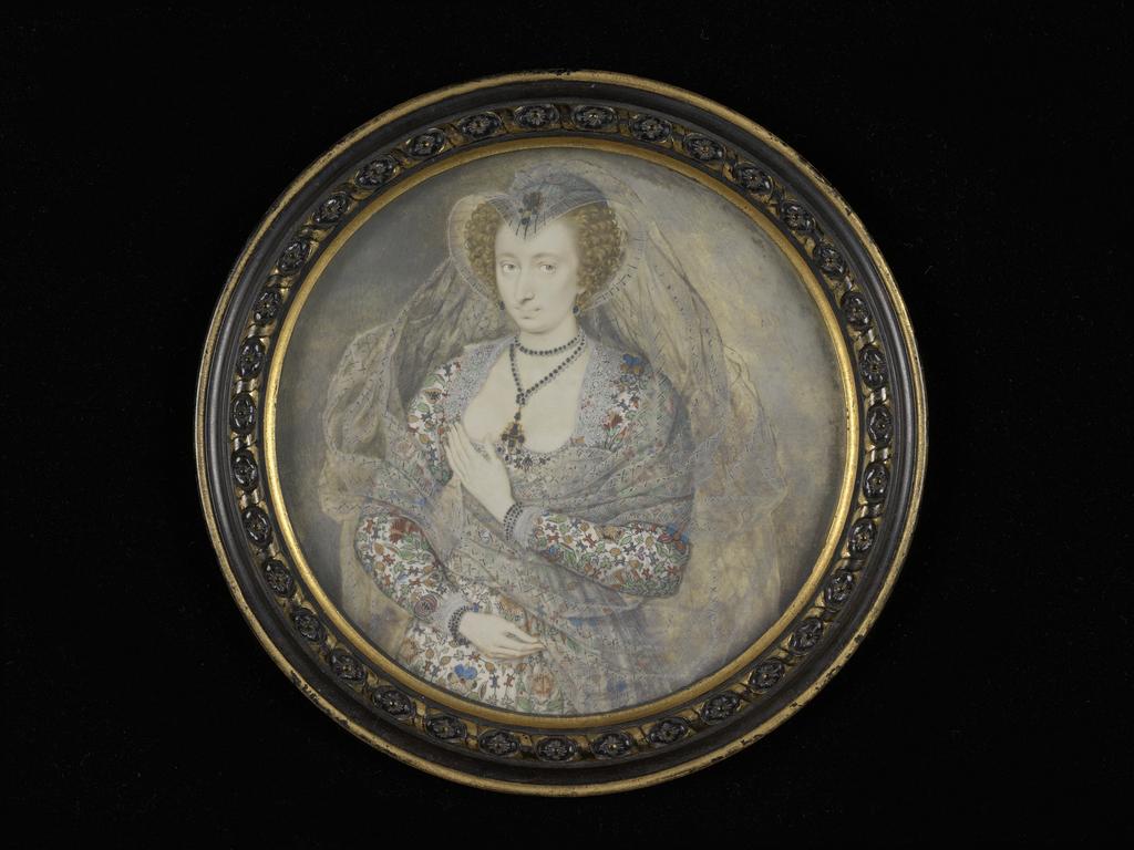 An image of Miniature. Unknown Lady. Lucy Harington, Countess of Bedford (former title). Oliver, Isaac I (British, 1556(?)-1617). Bodycolour and watercolour on card, diameter 127 mm, circa 1605.
