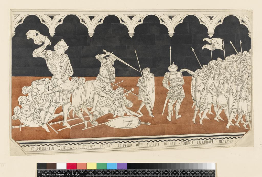 An image of Title/s: Drawing reduced from tracings taken from the inlaid marble pavement of Siena Cathedral during its restoration in the nineteenth centuryTitle/s: Samson slaying the Philistines with the Jawbone of an ass Maker/s: Maccari, Leopoldo (draughtsman) [ULAN info: Italian artist, 1850-1894?]Technique Description: pen and black ink, black and pinkish-brown wash on lightly squared paper Dimensions: height: 317 mm, width: 548 mm