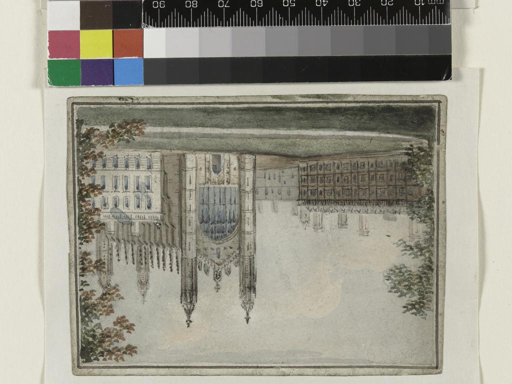 An image of King's College Chapel. W. Mason (British, 1769-1822). Watercolour with pen and graphite on paper, laid down on card mount, height 87 mm, width 187 mm. 