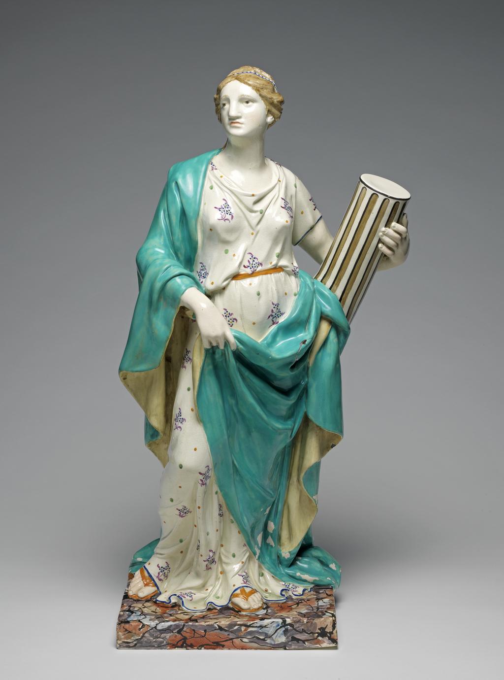 An image of Figure. Fortitude. Wood, Enoch (British, 1759-1840). Rysbrack, John Michael, sculptor, after (English, 1694-1770). Staffordshire Pottery. Earthenware, moulded, covered with slightly blue lead-glaze and painted in enamels, height (whole) 53.5 cm, circa 1790-1800. Baroque.