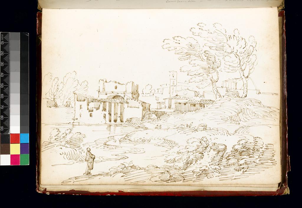 An image of Title/s: Capriccio with the arch of Janus Quadrifrons Maker/s: Busiri, Giovanni Battista (draughtsman) [ULAN info: Italian artist, 18th cent.]Technique Description: pen and brown ink on paper Dimensions: height: 222 mm, width: 166 mm