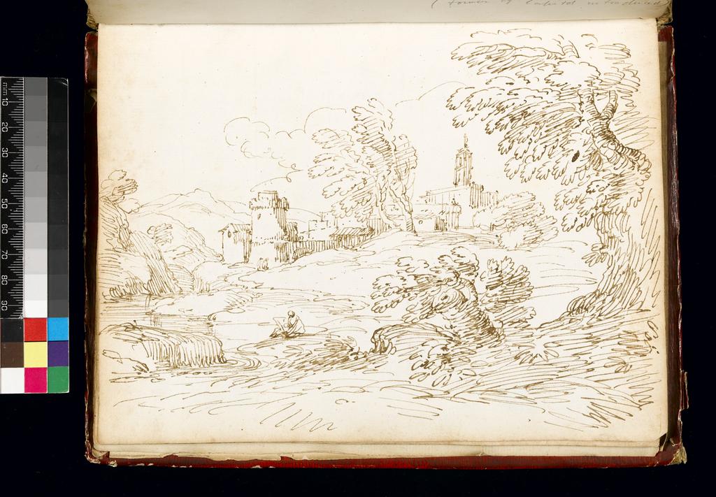 An image of Title/s: Capriccio view of Marino with the tower of the Campidoglio introduced Maker/s: Busiri, Giovanni Battista (draughtsman) [ULAN info: Italian artist, 18th cent.]Technique Description: pen and brown ink on paper Dimensions: height: 222 mm, width: 166 mm