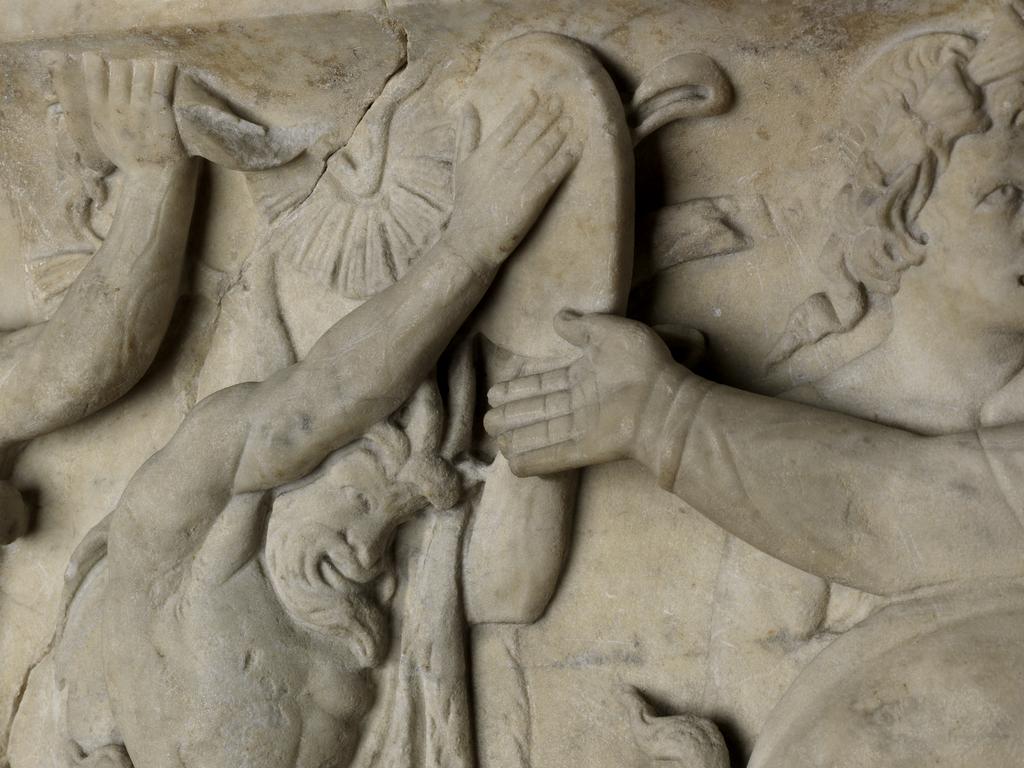 An image of Funerary Equipment. Pashley Sarcophagus, with relief showing triumphal return of Dionysos. Carved Luna Marble, height 0.697 m, length 2.22 m, weight 1.4 tonne, width 0.67 m. 101-200 AD, Middle Roman Period. Find Spot: Arvi Crete Greek Islands.