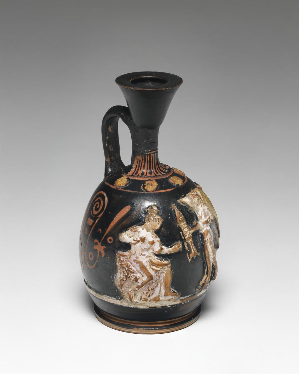 An image of Vessel. Squat lekythos, with Aphrodite, Eros and bride. Find Spot: Panticapaion, Crimea, Russia. Production Place: Athens. Clay, red-figured, height 0.135 m, diameter 0.07 m, 390 BC. Classical Greek Period. Lewis Collection.
